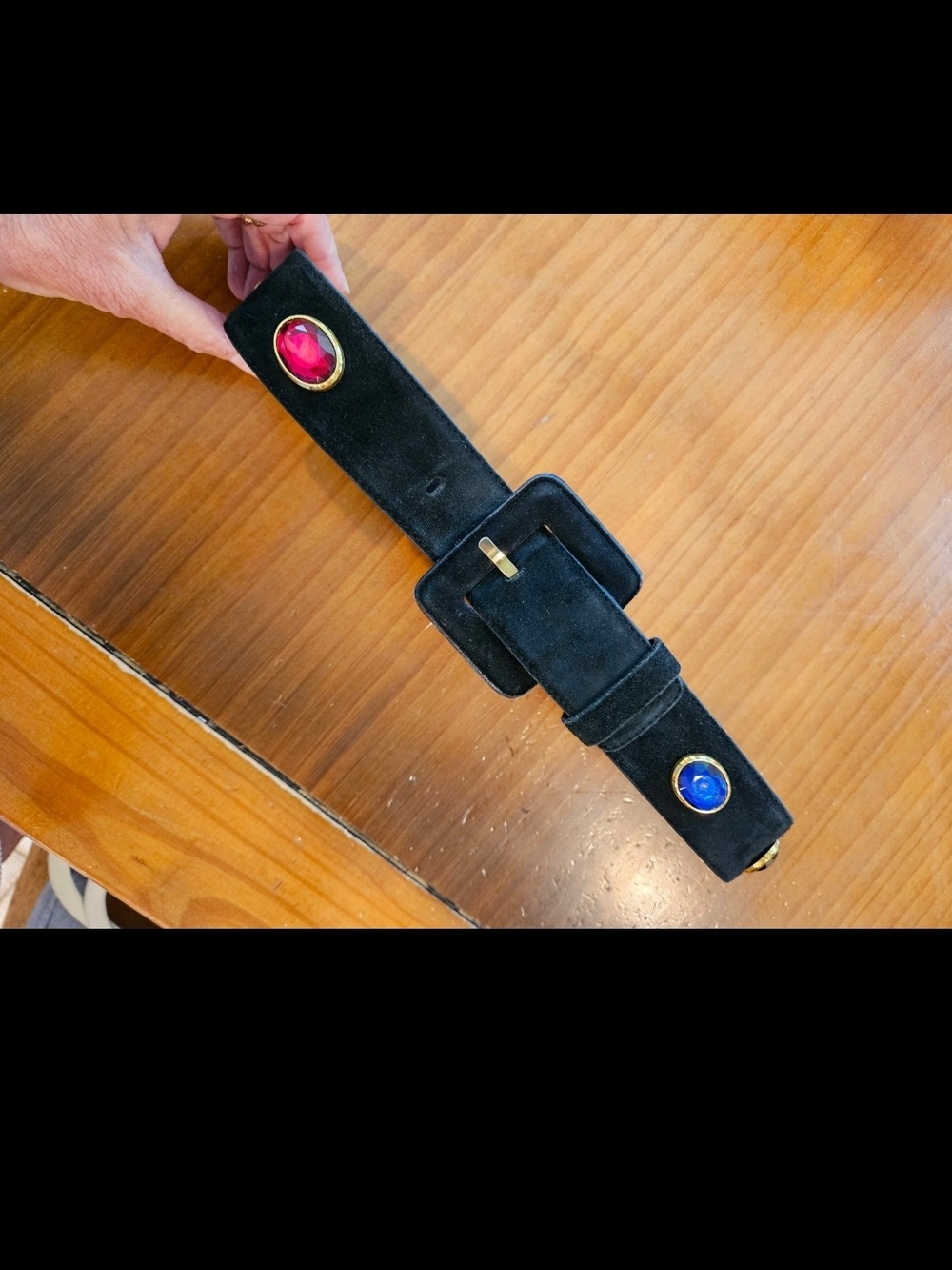 Escada Black Suede Belt with Jewelled Color Gem Accents